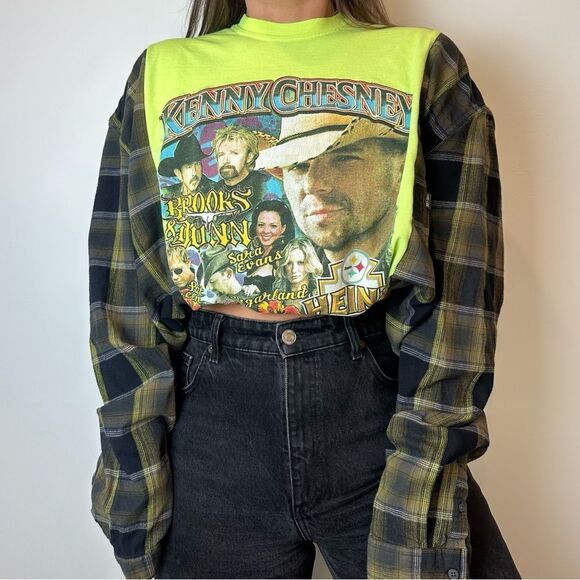 Reworked Music Band Tee Kenny Chesney Long Sleeve Flannel Brooks & Dunn Shirt - Picture 1 of 4